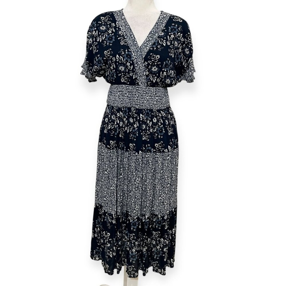 J Gee Floral Smocked Midi Dress Boho Cottagecore Blue Flutter Sleeve Size PM